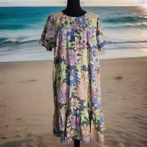 Vintage Metropolitan Muumuu Mumu Midi Dress Medium Pockets Floral Tropical Boho